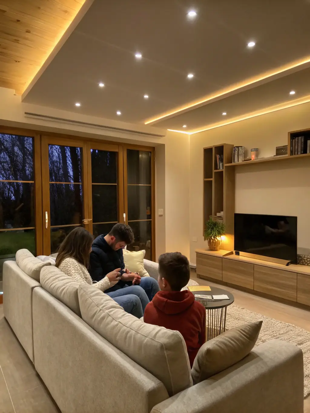 Familj som njuter av ett varmt och behagligt inomhusklimat med bergvärme i en modern villa.