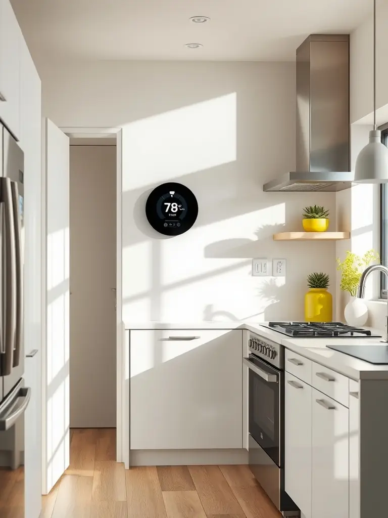 Ljust och energieffektivt kök i en modern villa med smart temperaturstyrning.