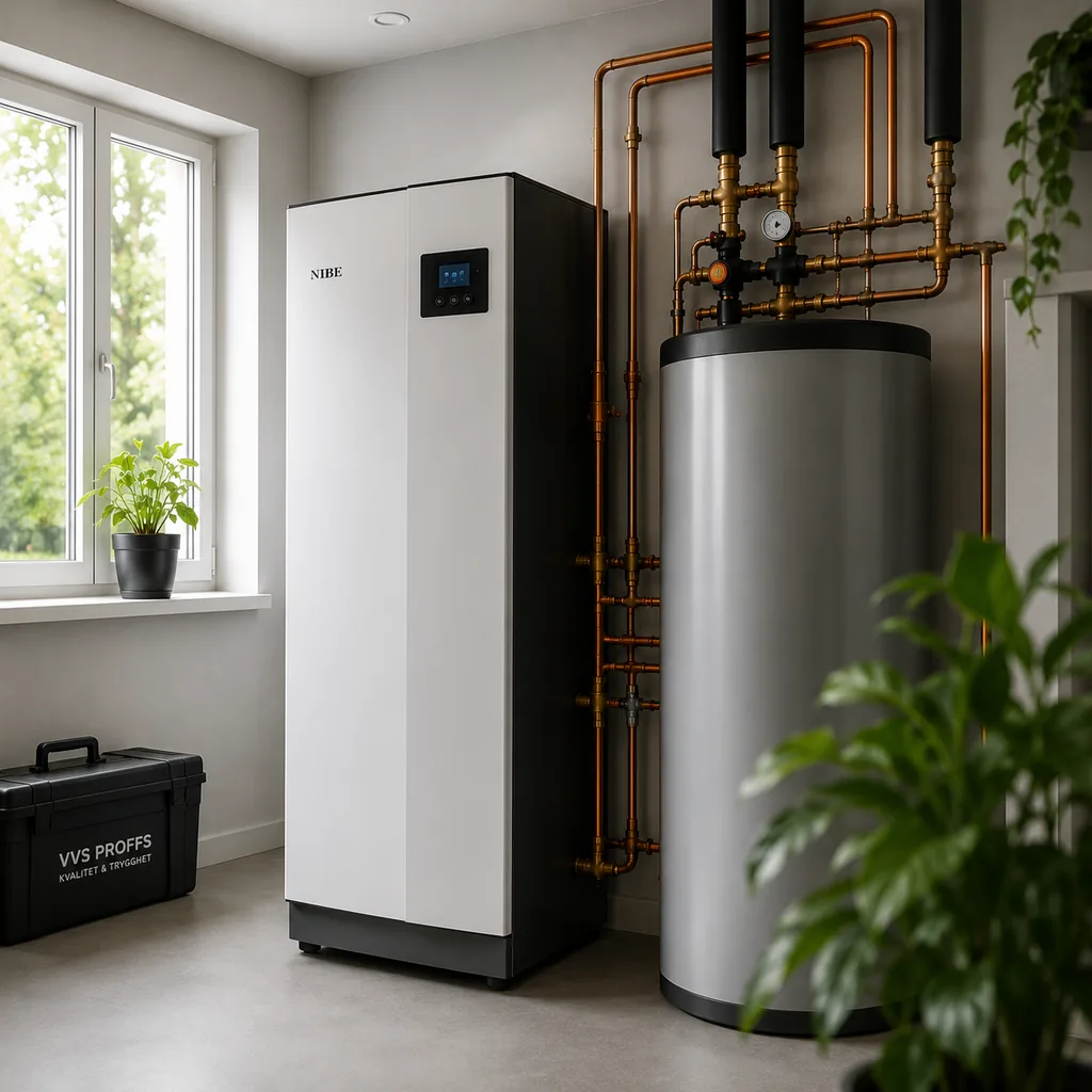 Modern bergvärmepump i Värmland. Installerad i ett ljust teknikrum i en villa.