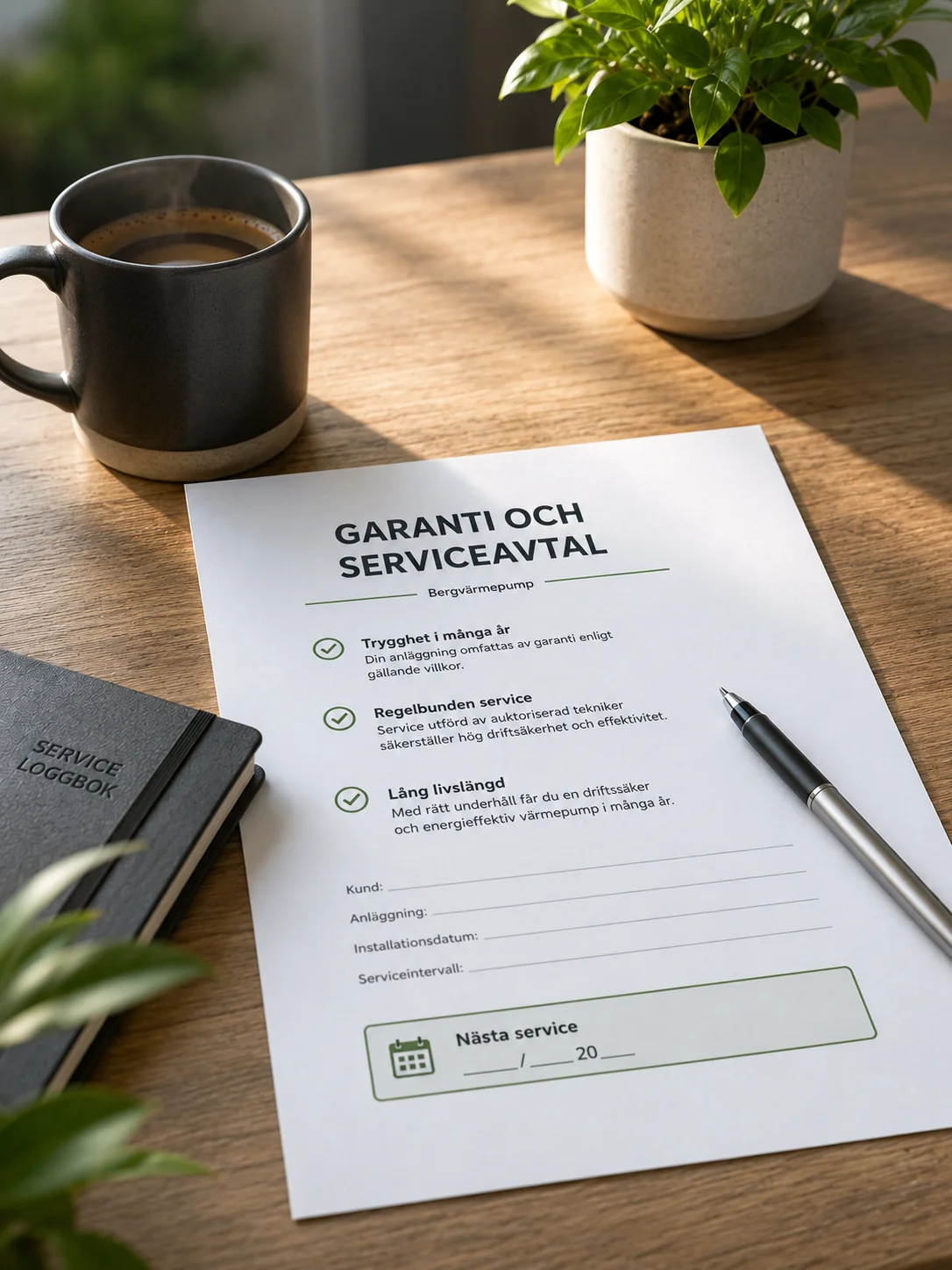 Garanti- och serviceavtal för bergvärmeanläggning som ger trygg drift och lång livslängd.