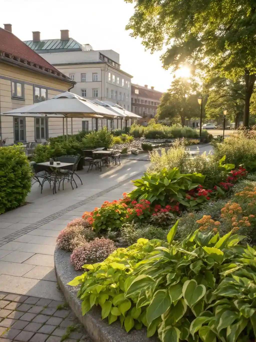 Grön och välskött utemiljö som symboliserar bergvärme som en miljövänlig och hållbar uppvärmningslösning.