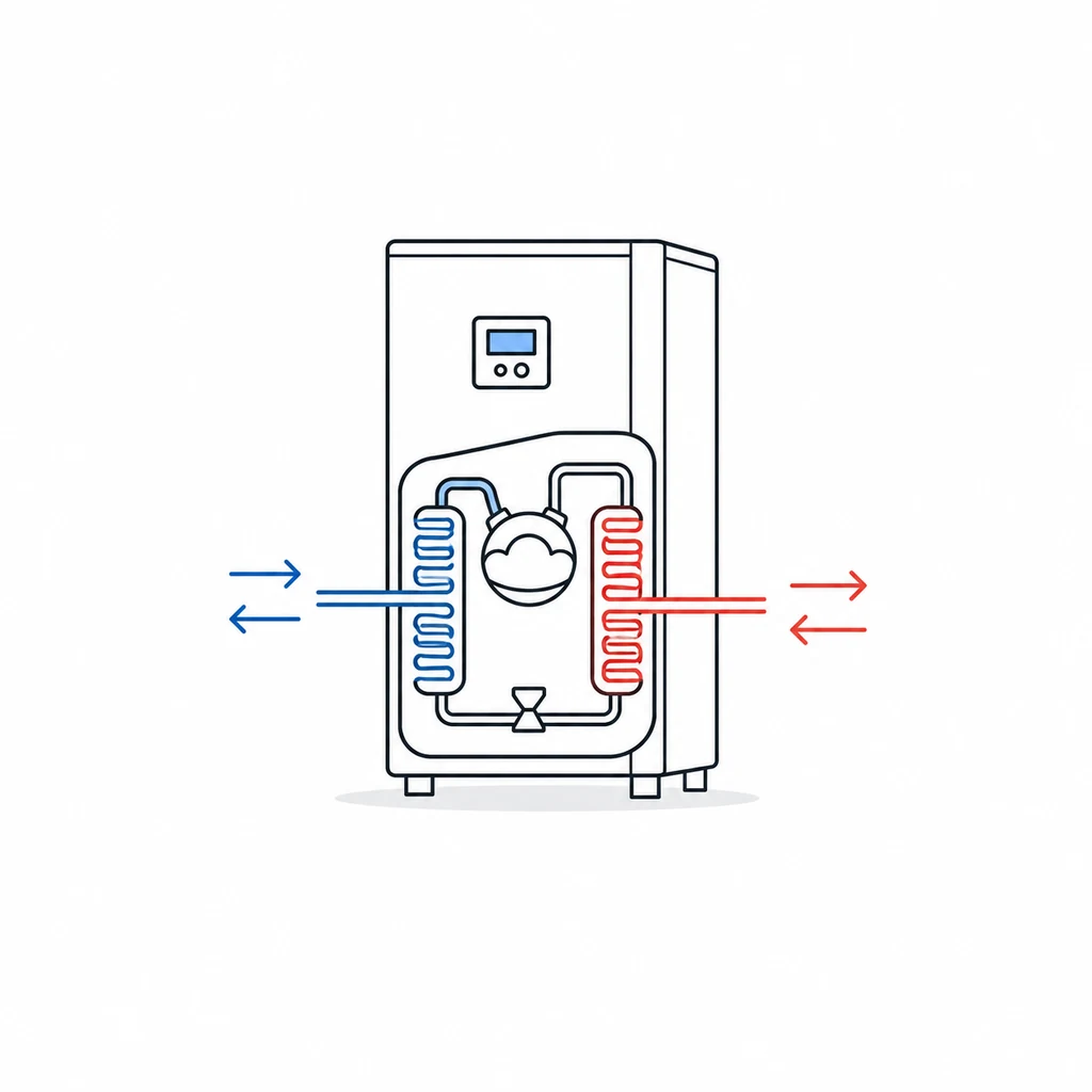 Illustration av bergvärmepump som överför energi från energibrunnen till husets värmesystem