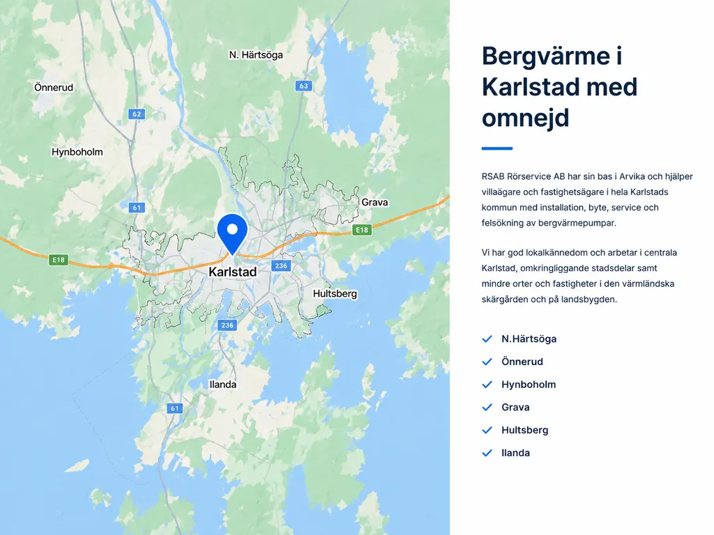 Karta över Karlstad med RSAB:s arbetsområde för bergvärme
