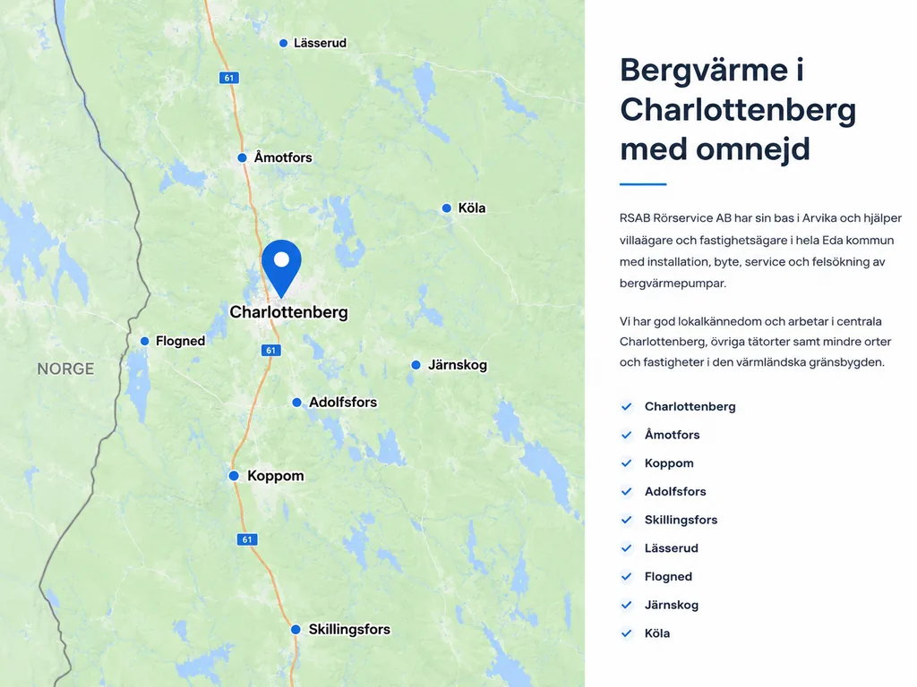 Karta över Charlottenberg och Eda kommun med RSAB:s arbetsområde för bergvärme