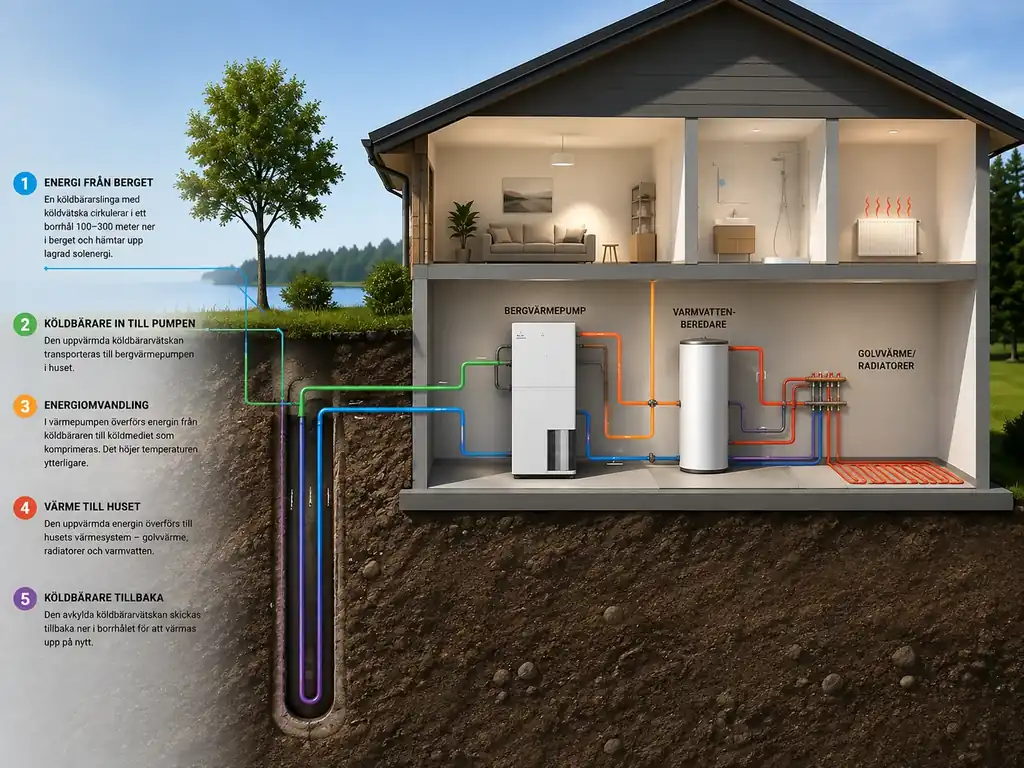 Illustration som visar hur en bergvärmepump hämtar energi från berggrunden och omvandlar den till värme och varmvatten i huset.