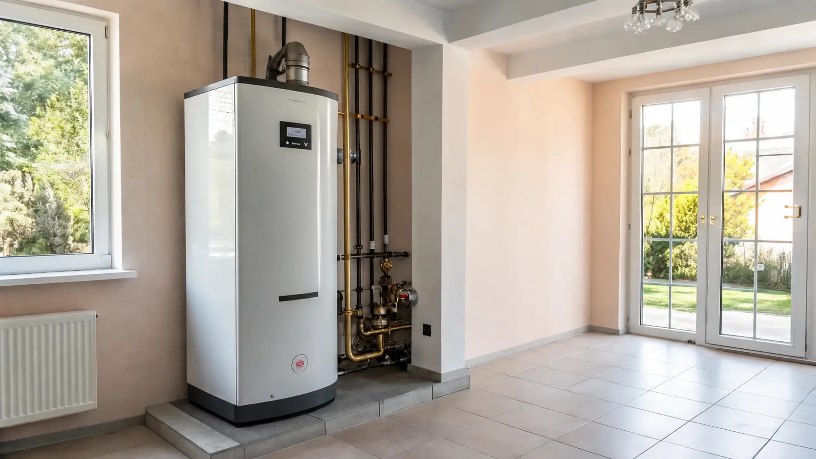 Bergvärmepump installerad i teknikrum med synlig rördragning – energieffektiv uppvärmning