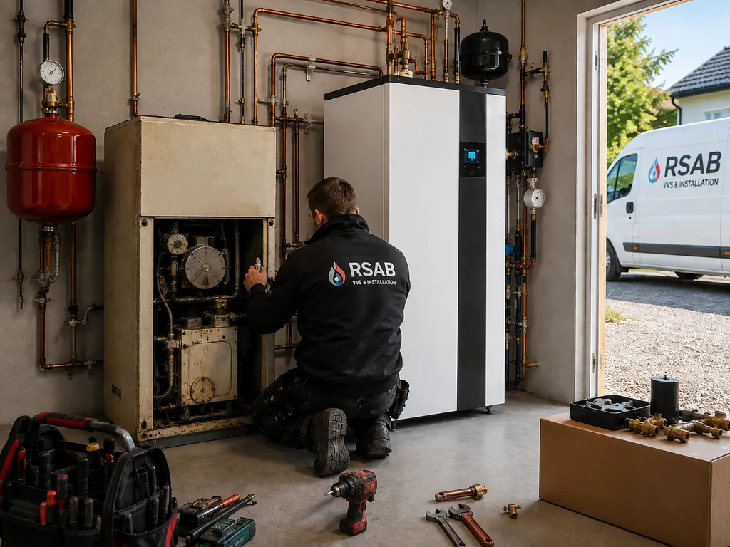 Byte av bergvärmepump i villa där en äldre anläggning ersätts med en modern och energieffektiv bergvärmepump.