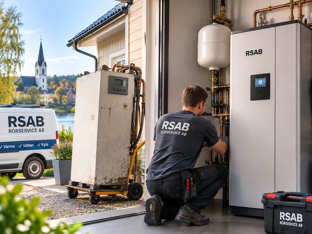 Installatör från RSAB Rörservice AB vid byte av gammal bergvärmepump mot en ny modern modell i Charlottenberg