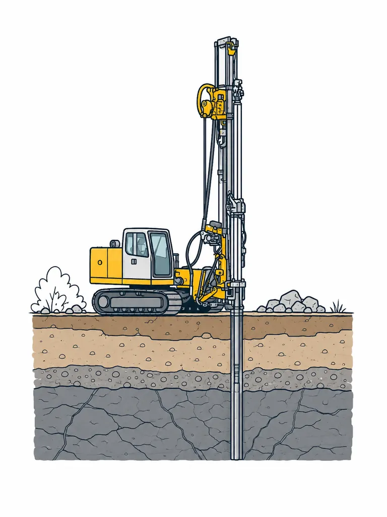 Illustration av borrigg som borrar en energibrunn genom jordlager och ner i berggrunden