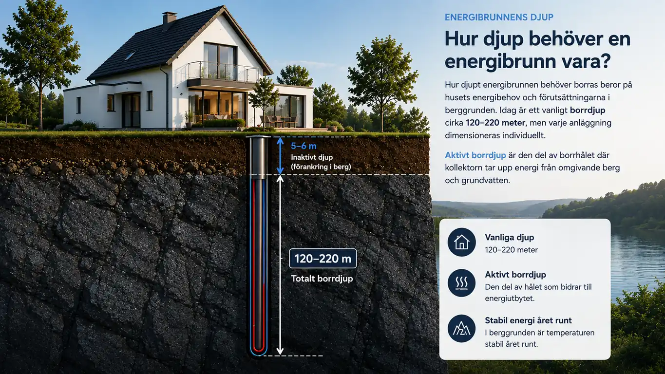 Genomskärning av energibrunn som visar totalt borrdjup och aktivt borrdjup för bergvärme
