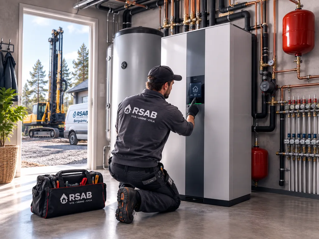 Installation av bergvärmepump i villa i Värmland med energiborrning och professionell montering av RSAB.