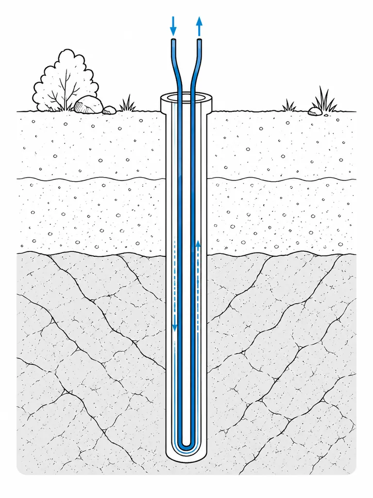 Illustration av U-formad kollektorslang i en energibrunn för bergvärme