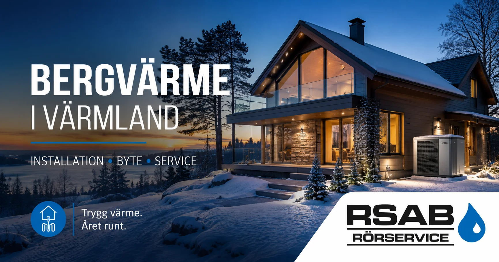 Villa i vintermiljö i Värmland med installerad värmepump – illustration av energieffektiv uppvärmning