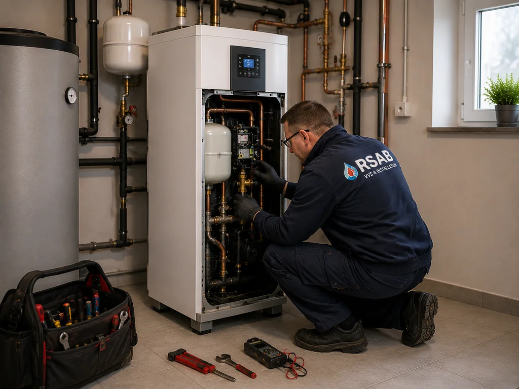 Servicetekniker utför underhåll och felsökning av en modern bergvärmepump i en villa i Värmland.
