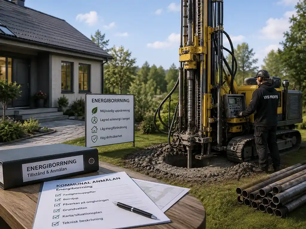 Energiborrning vid villa inför installation av bergvärme med borrigg och dokumentation för kommunal anmälan.